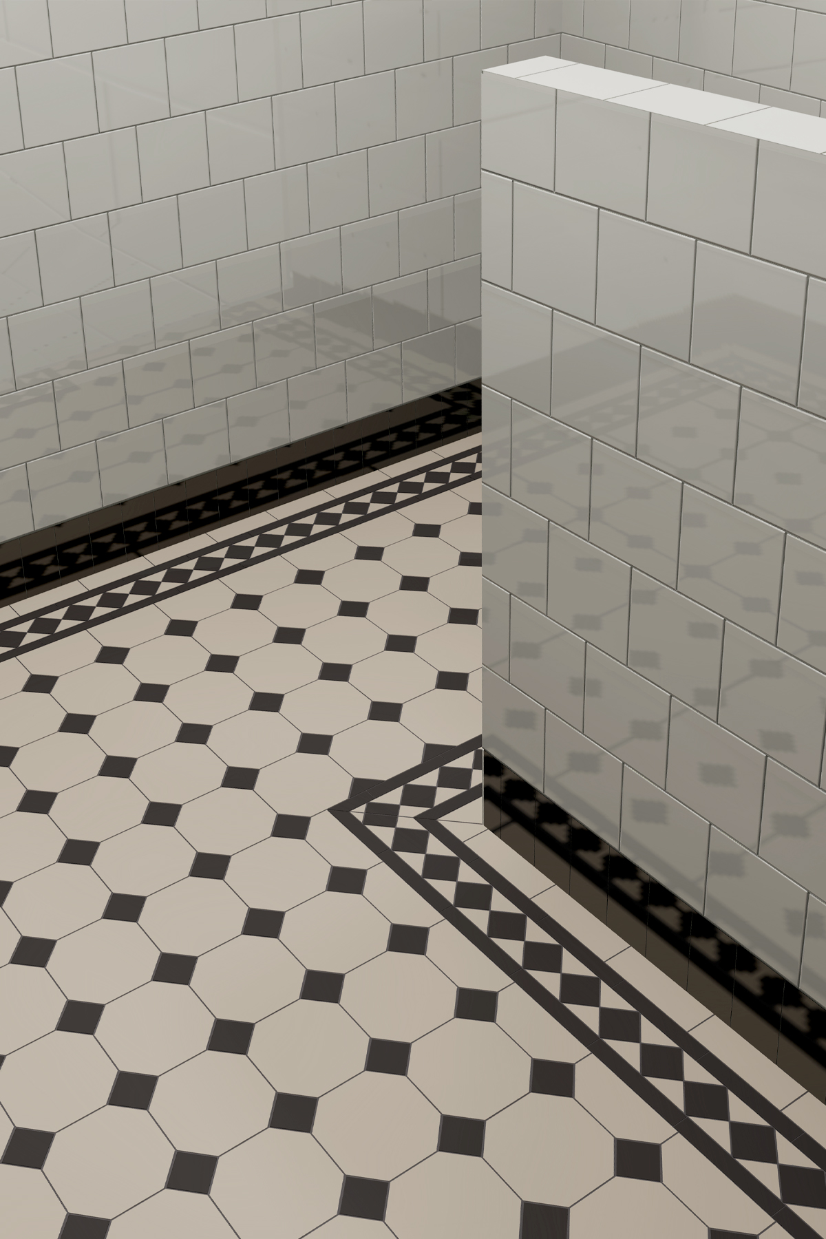 3D-illustration af badeværelsesgulv med Victorian floor tiles i mønster York i sort og hvid. 3D-illustration af badeværelsesgulv med Victorian floor tiles i mønster York i sort og hvid.