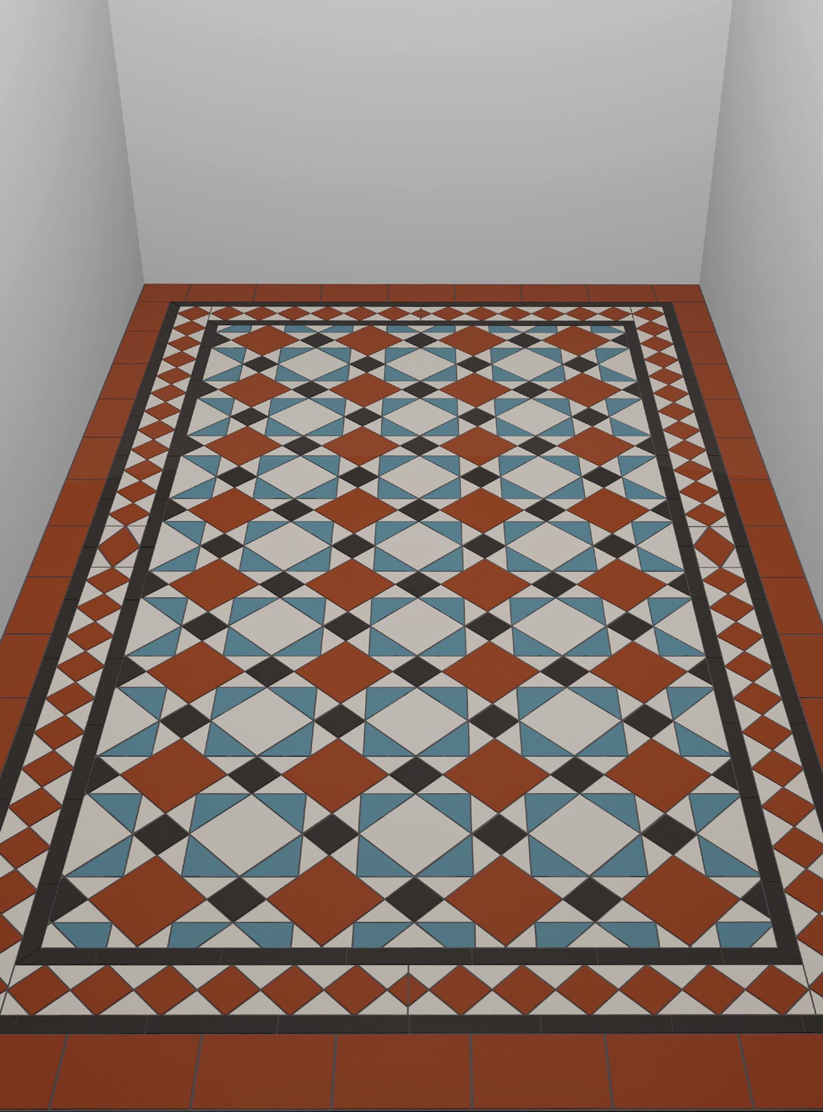 3D-skitse af Victorian gulvfliser i mønster Lambeth, i rød, sort, hvid og lyseblå 3D-skitse af Victorian gulvfliser i mønster Lambeth, i rød, sort, hvid og lyseblå